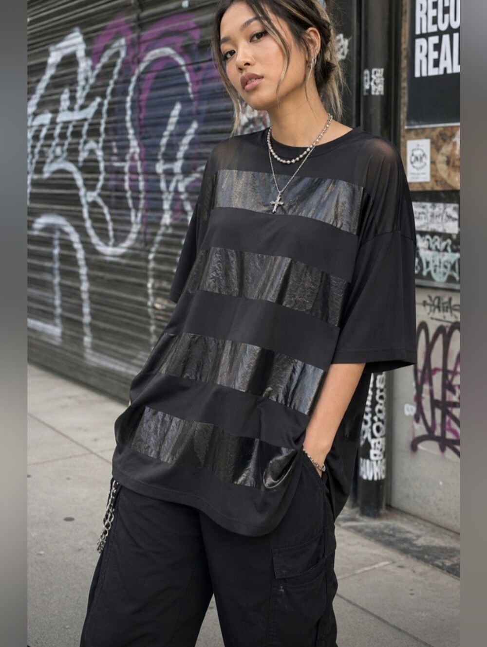 S. Oliver Black Oversized Boxy Striped Urban Streetwear Tee Shirt Small